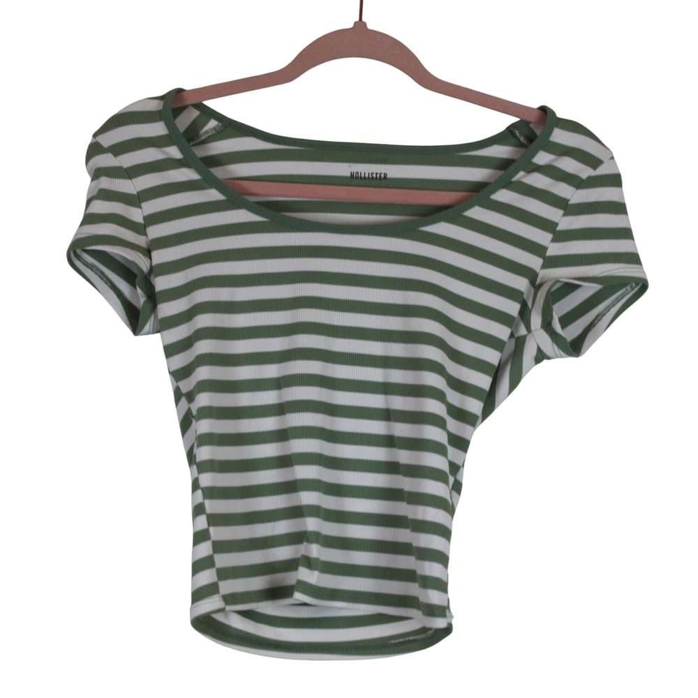 Hollister Y2K Coppy Soft Girl Green & White Striped Ribbed Scoop Neck Baby Tee S